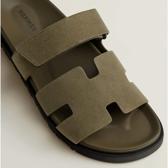Hermes Chypre Sandal Mens Vert Toundra Green Suede Black H Logo Slide Flat 46 13 - Picture 5 of 16